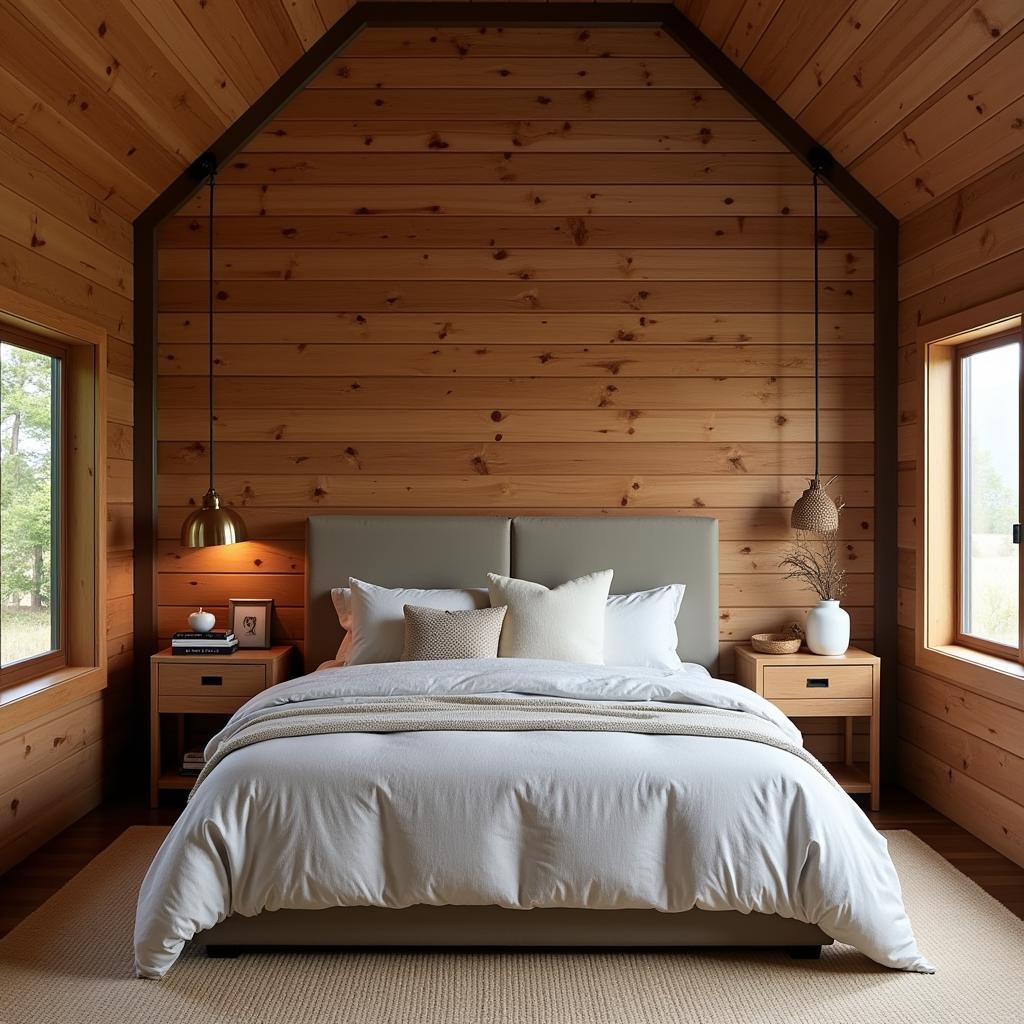 Cabin Bedroom with Wood Accent Wall and Cozy Bedding