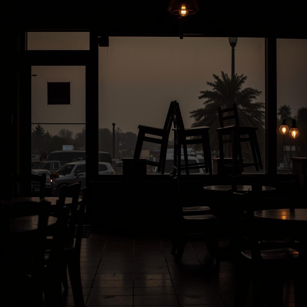 Cafe chairs on tables at closing time