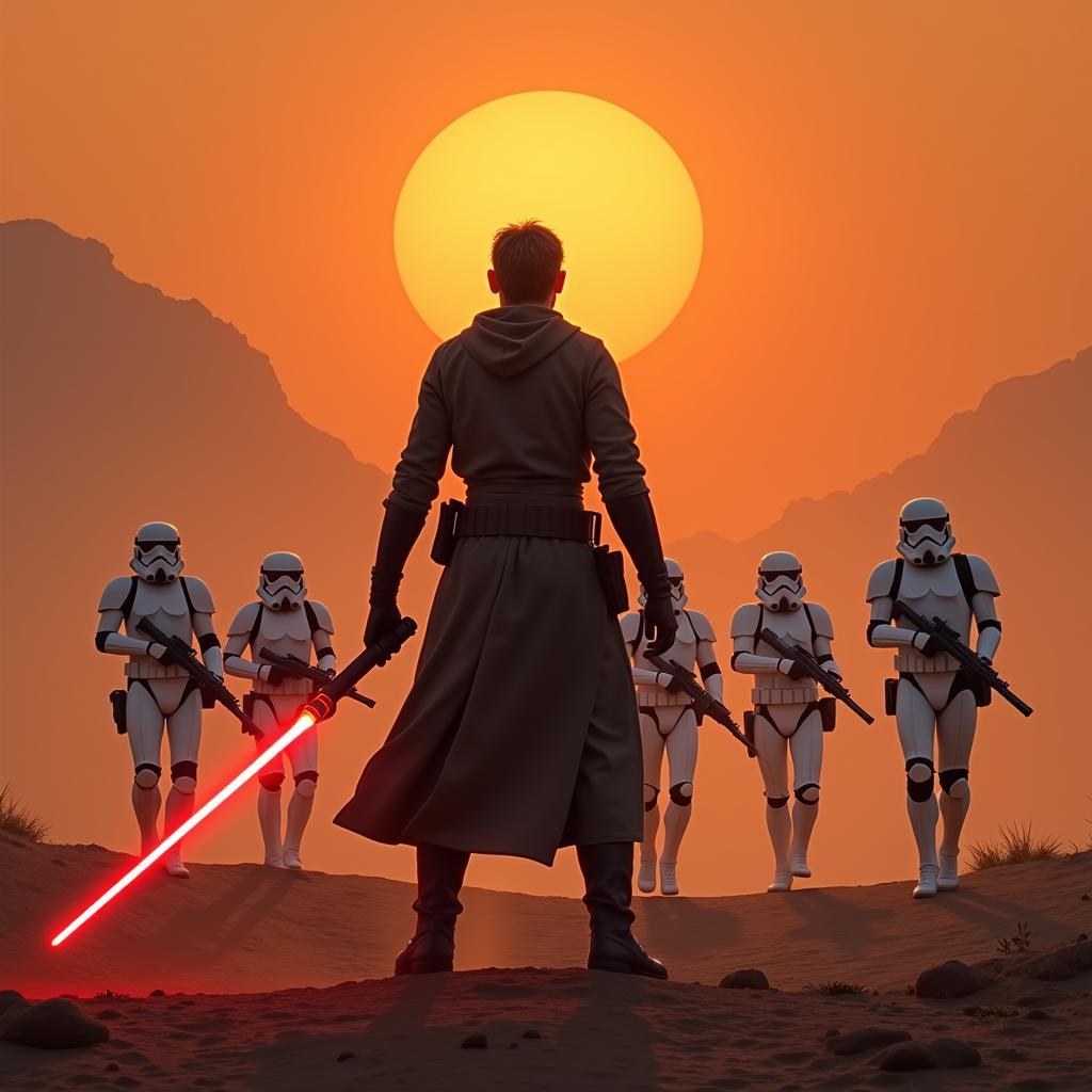 Cal Kestis bravely confronting a squad of Stormtroopers