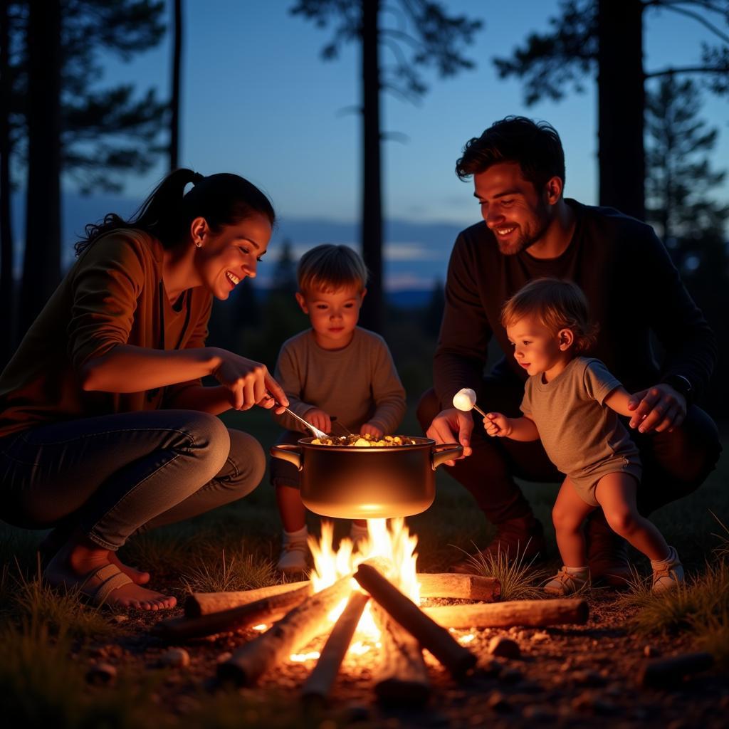 Family Enjoying Campfire Dinner