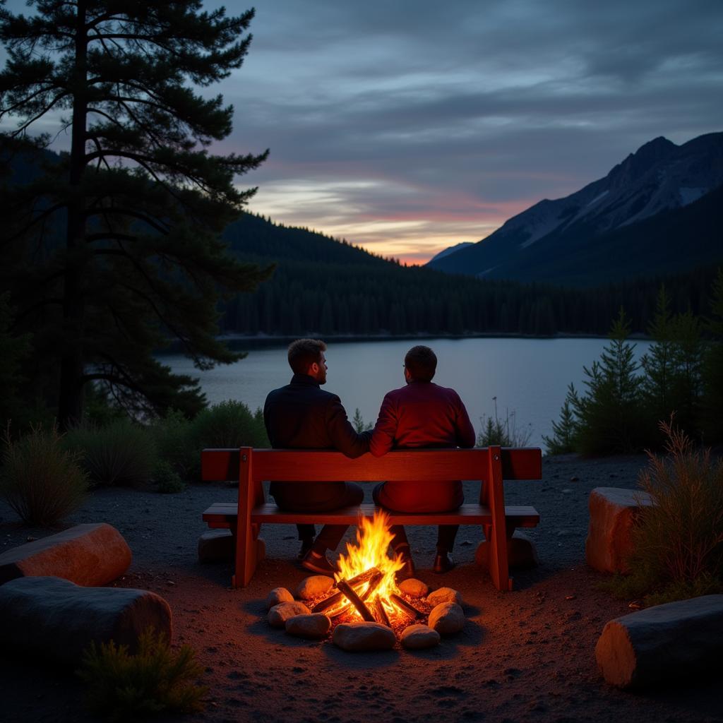 A couple gazing at the stars while sitting by a campfire