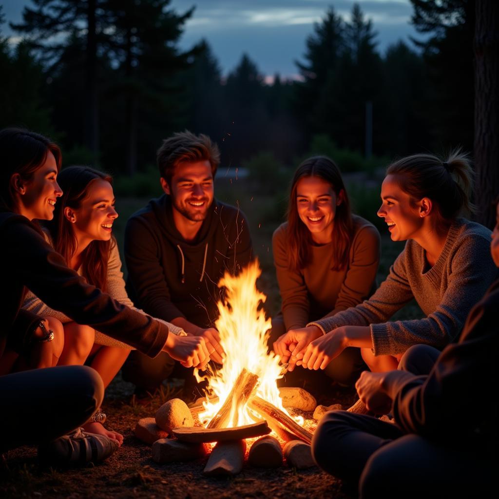 Friends sharing stories and laughter around a campfire