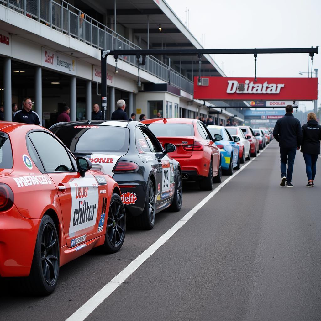 Multiple cars with various car sponsor decals at a racing event