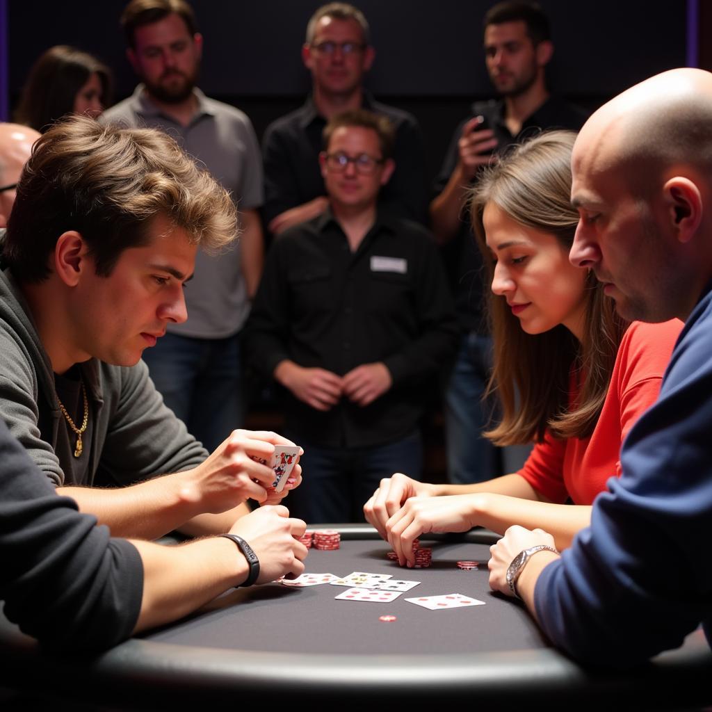 Two players fully engaged in a card game tournament match.