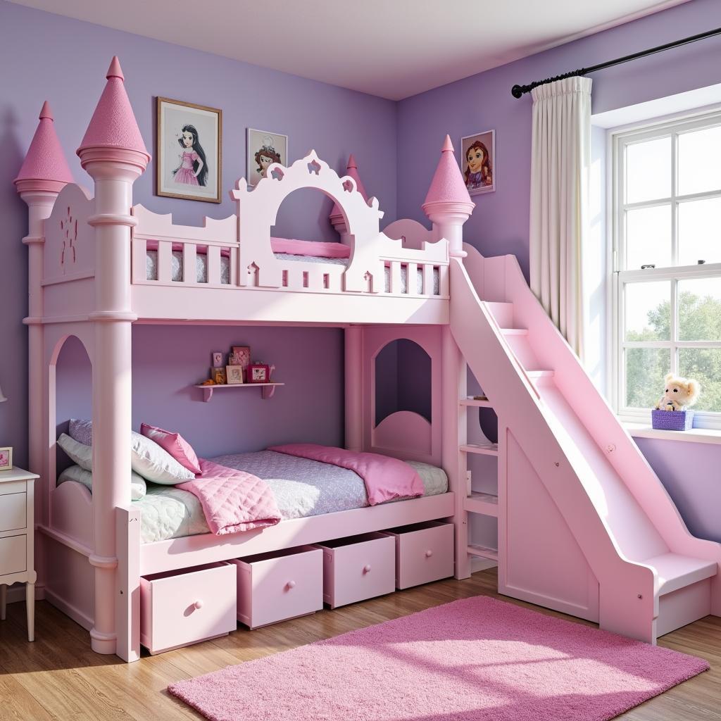 A pink and purple castle themed bunk bed with integrated storage drawers and shelves.