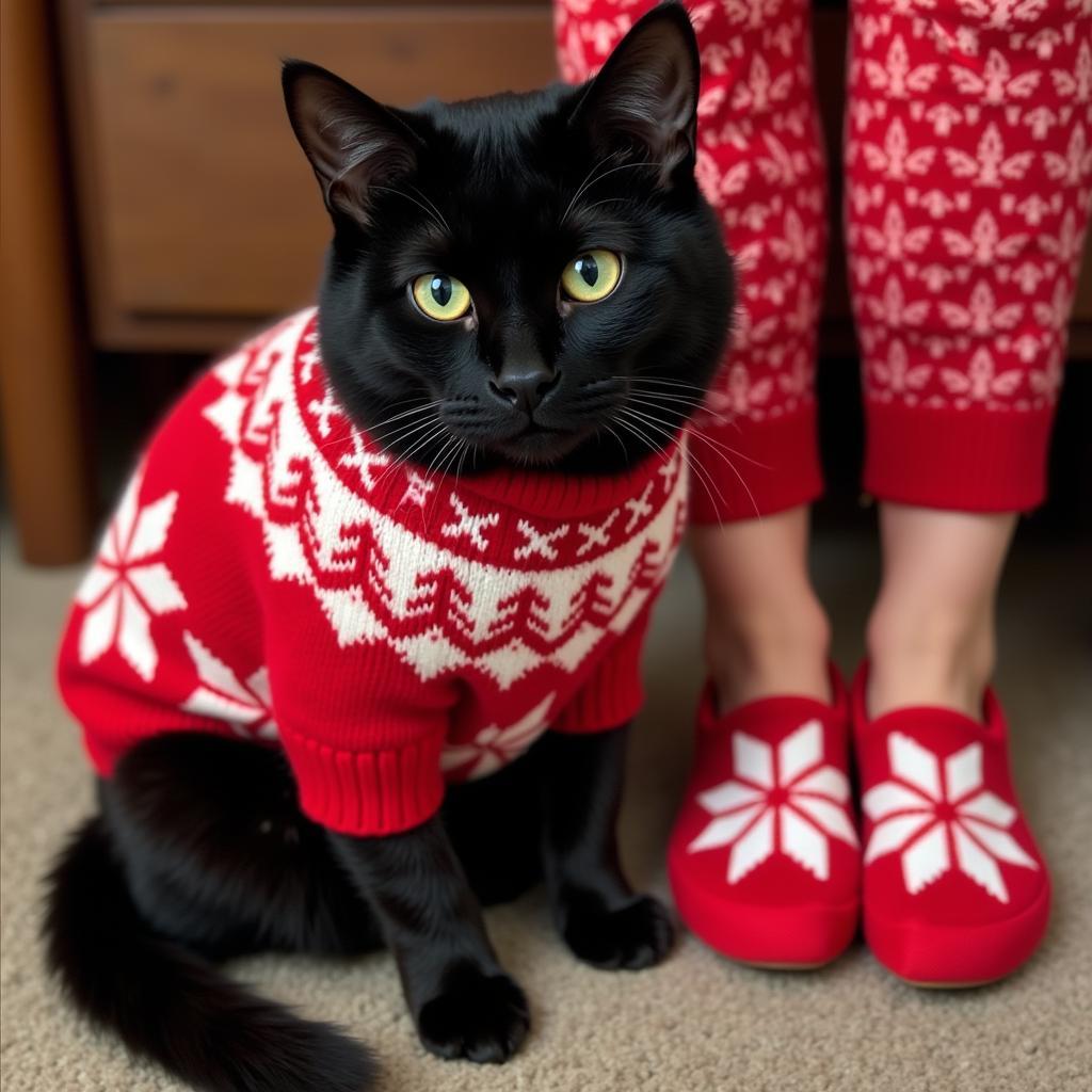 Cat and Owner in Matching Christmas Sweaters