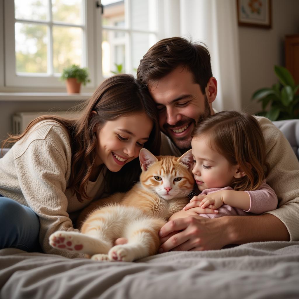 Cat Family Sharing Affection with Owner