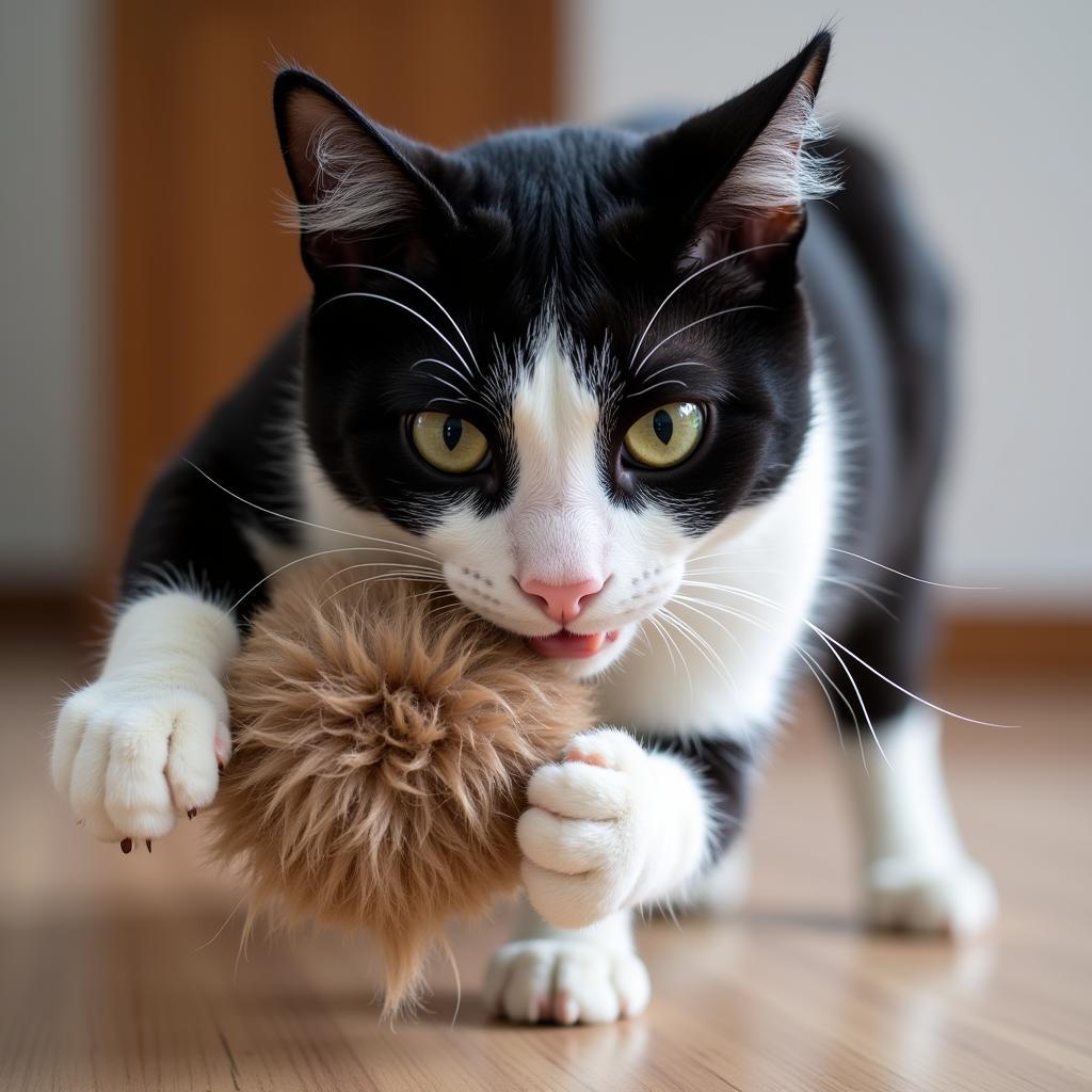 Cat playfully batting at a fuzzy toy