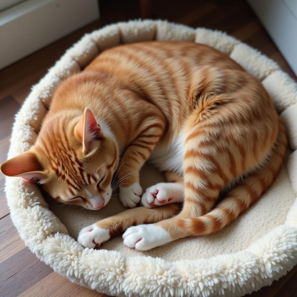 Cat curled up asleep on a fuzzy bed