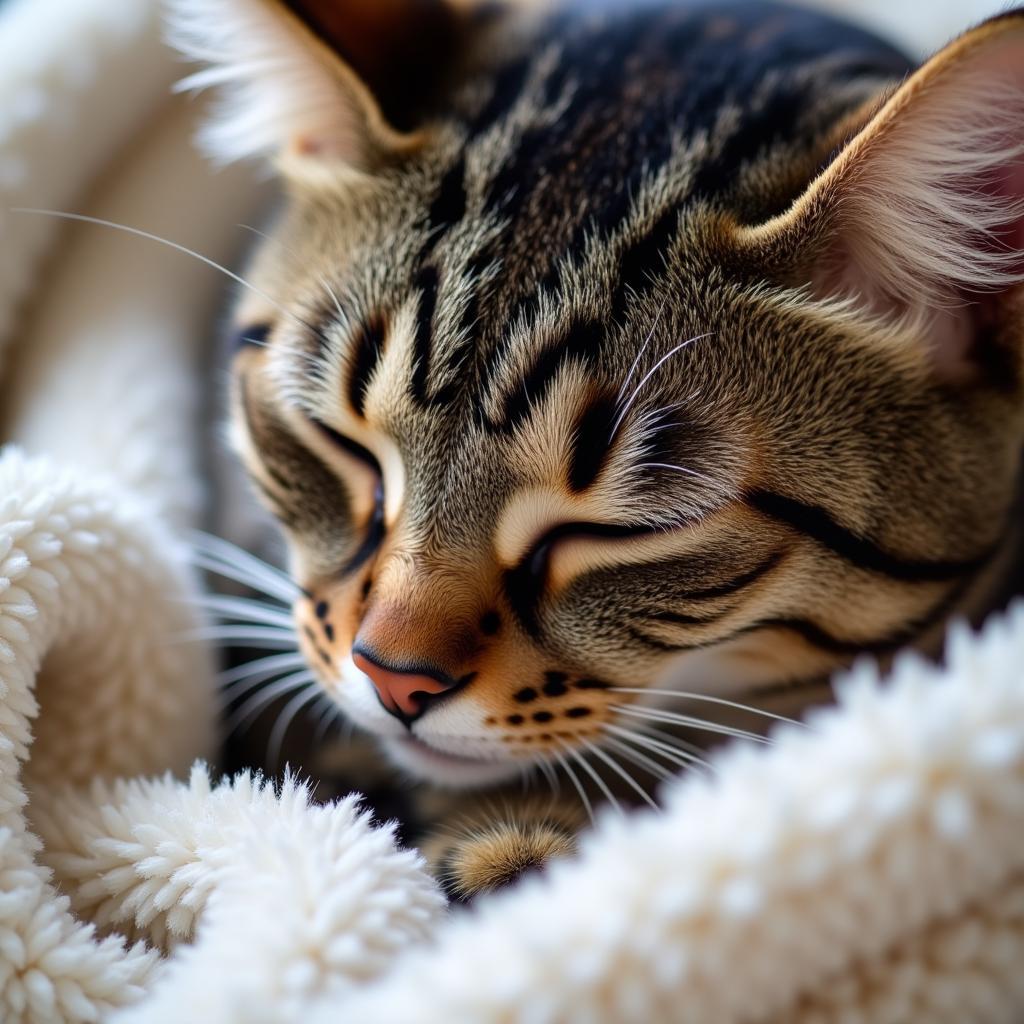 Cat rubbing its whiskers on a fuzzy blanket