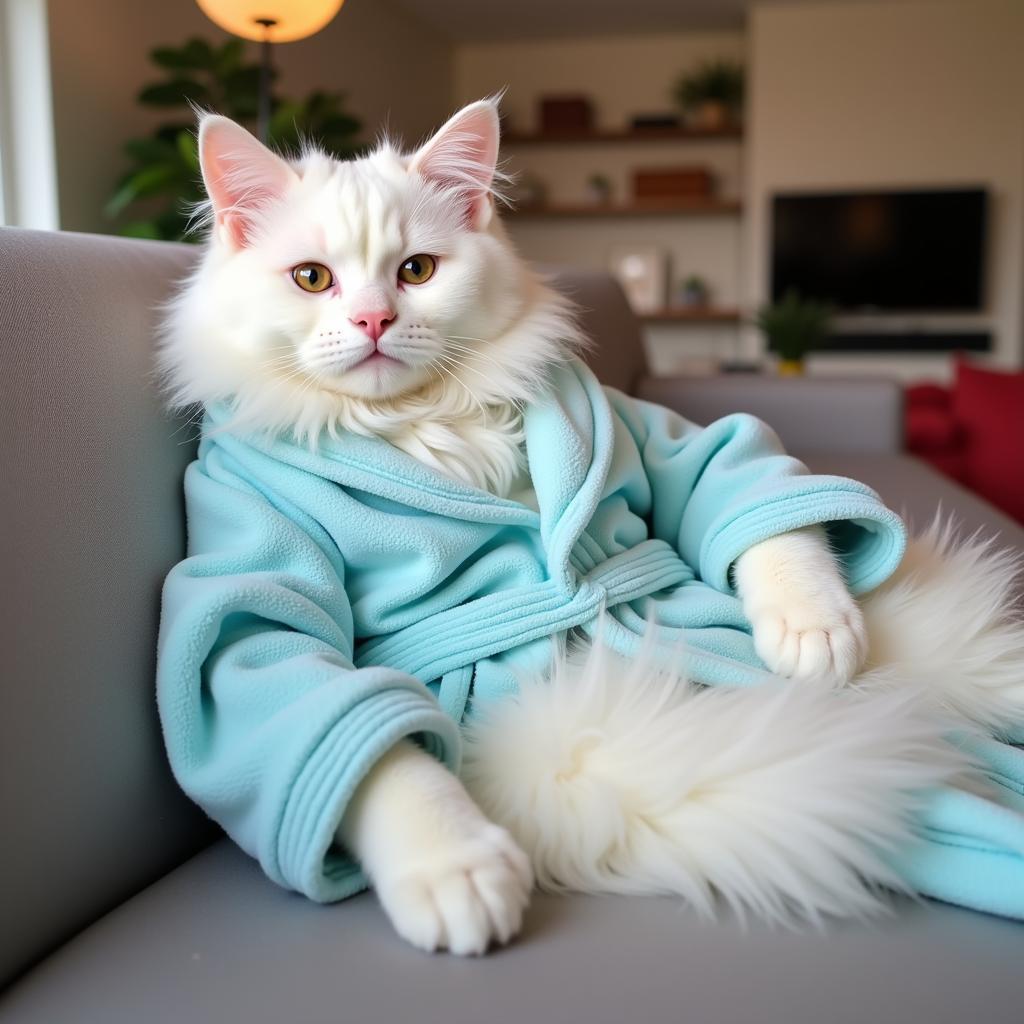 Cat Relaxing in a Plush Robe