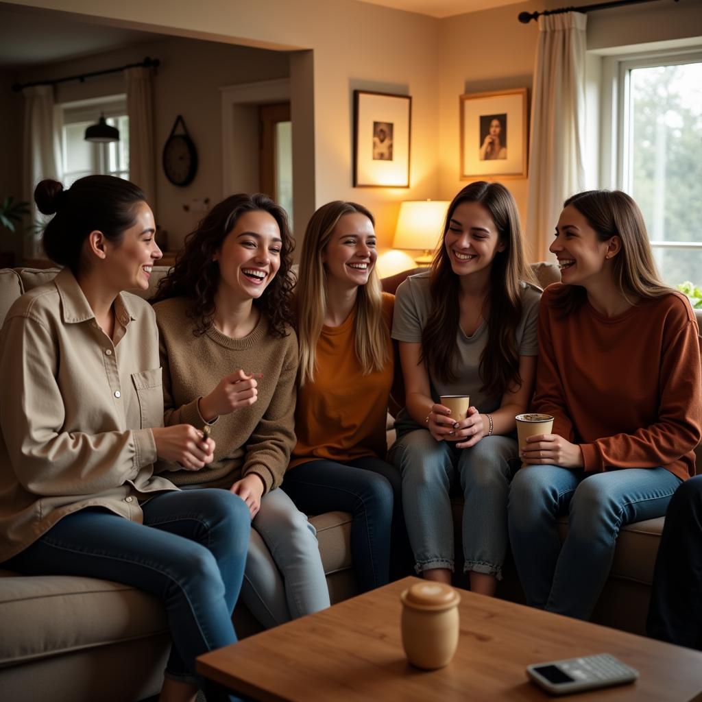 Group of friends laughing together at a casual gathering.