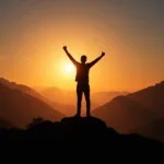 Silhouette of a person raising their arms in victory on a mountaintop at sunset