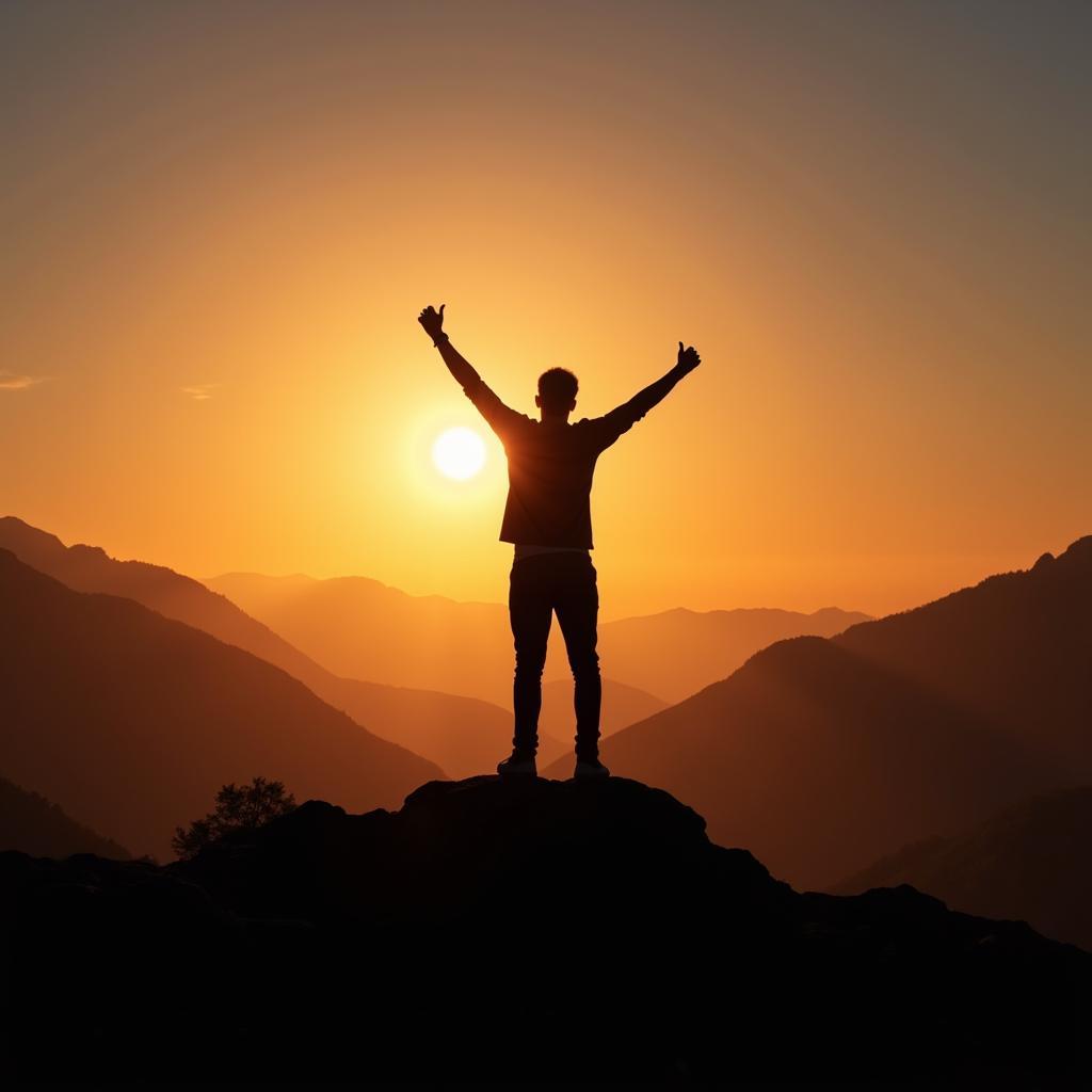 Silhouette of a person raising their arms in victory on a mountaintop at sunset