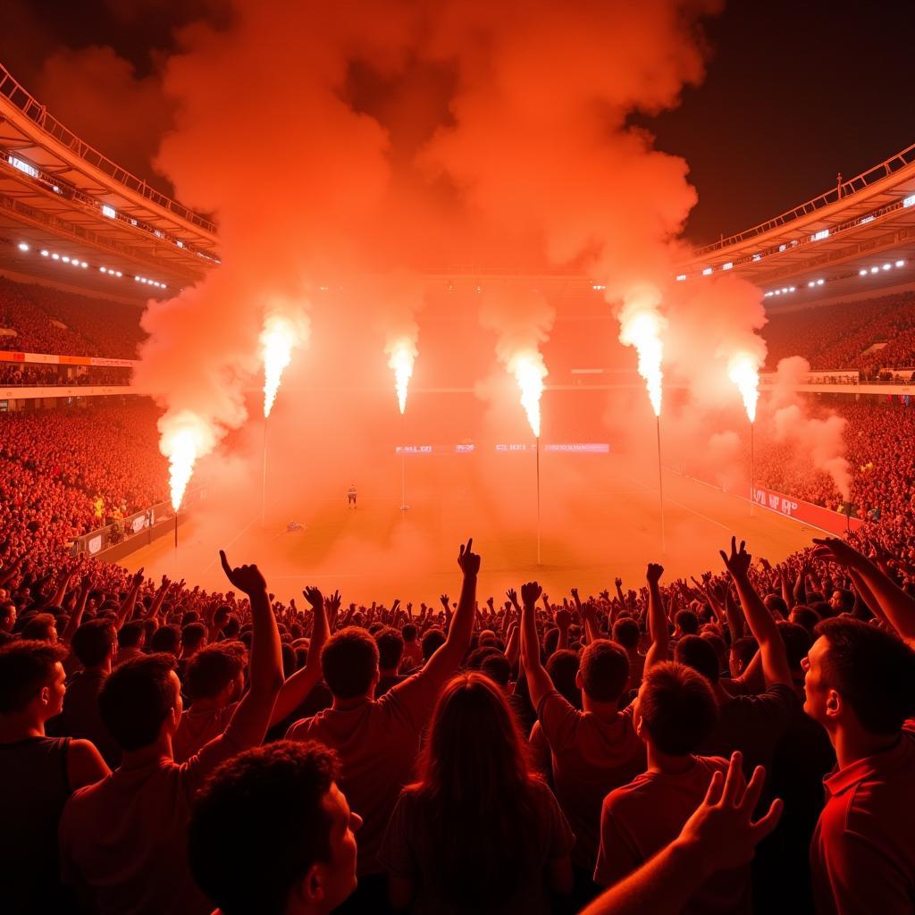 Champions League Fans Celebrating with Orange Flares