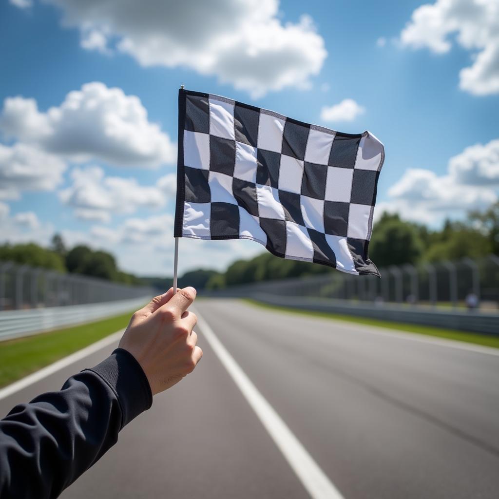 Checkered flag waving at the finish line