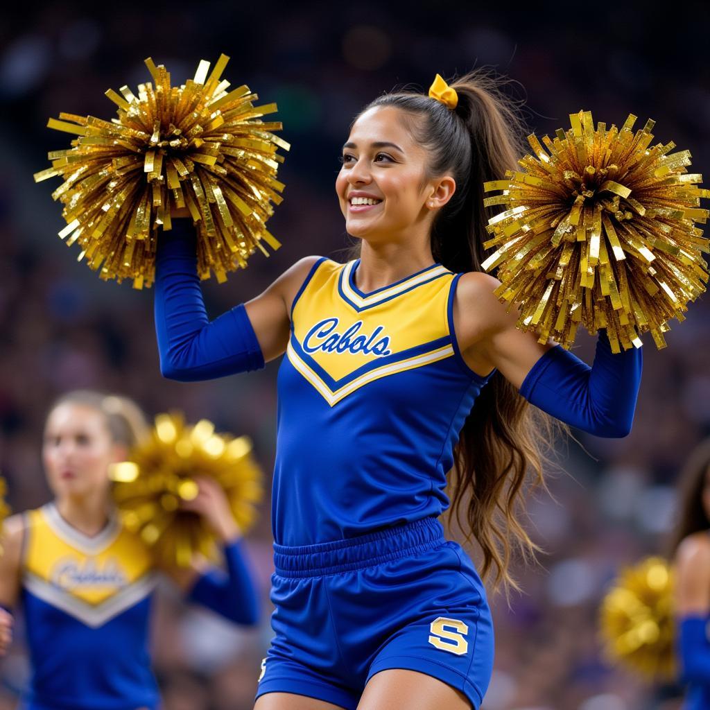 Cheerleader Performing an Energetic Routine with Blue and Gold Pom Poms