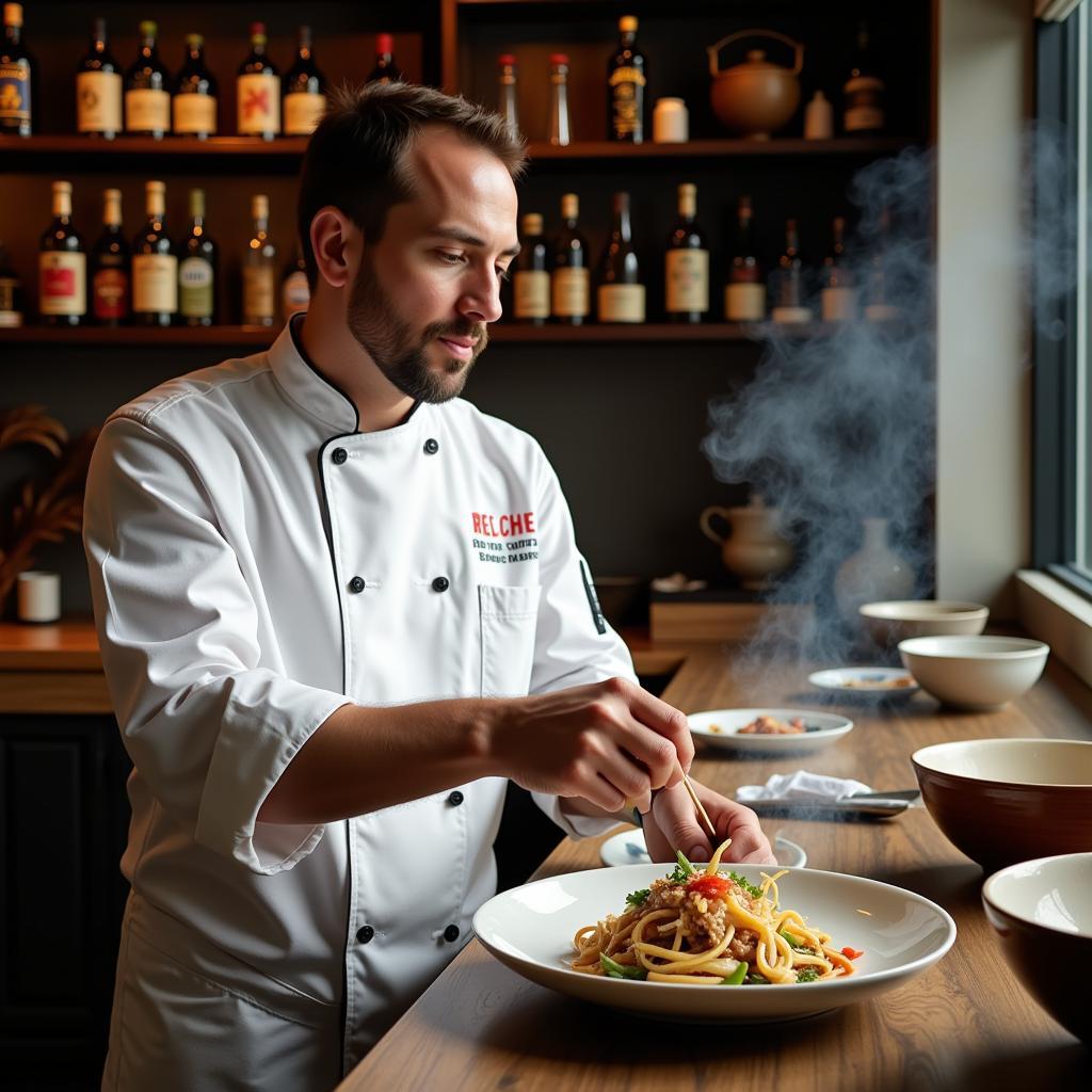 A skilled chef meticulously preparing a traditional Chinese dish