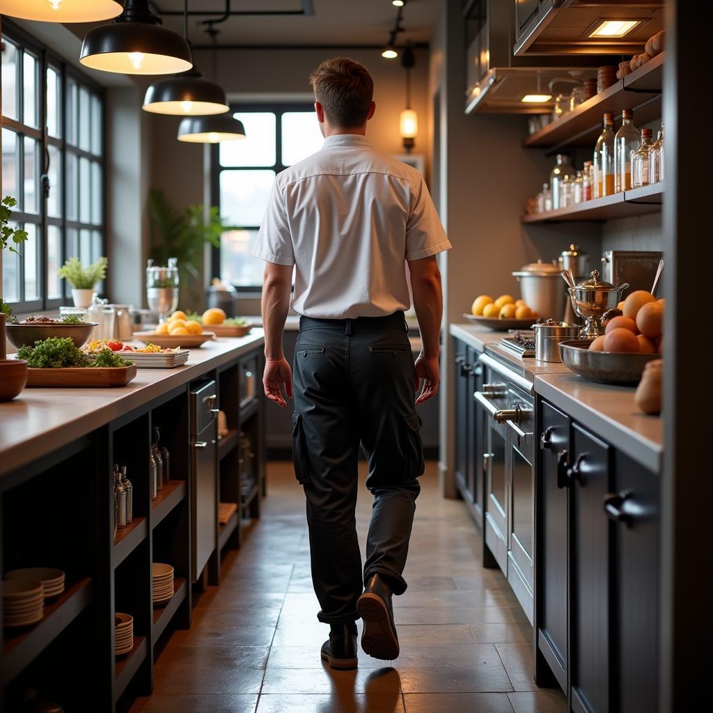 Chef Wearing Cargo Pants in a Busy Kitchen Environment