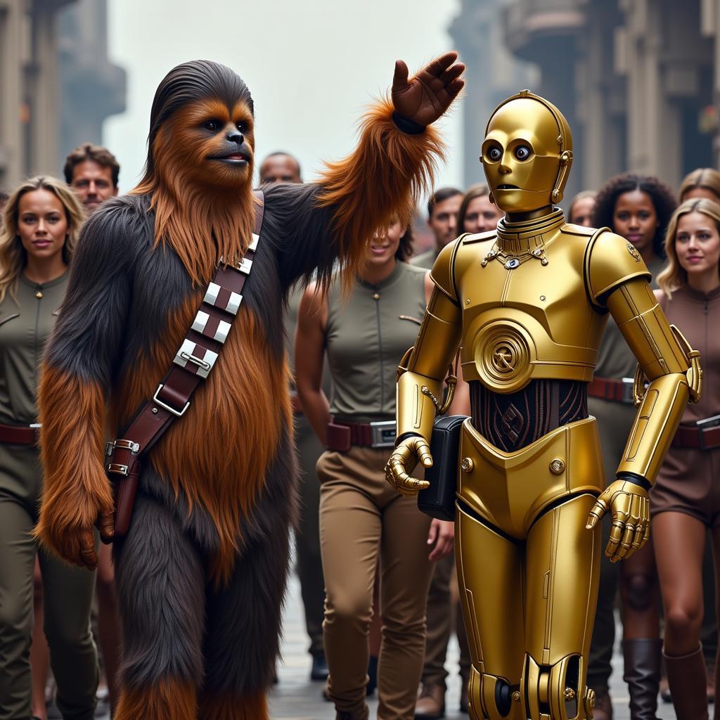 Chewbacca and C3PO celebrating with other Rebel Alliance members