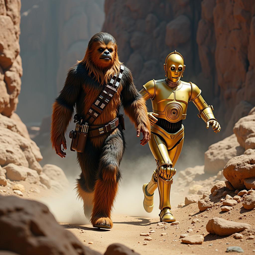 Chewbacca and C3PO running through the Death Star corridors