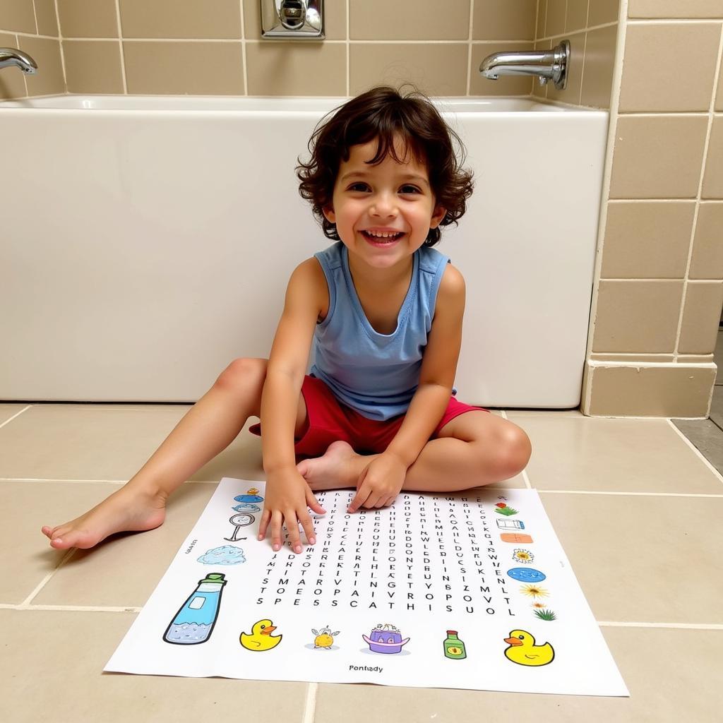 A child enjoying a bathroom word search