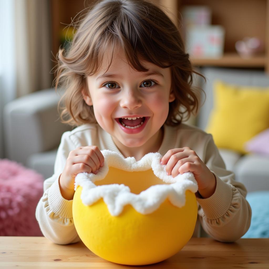 A child excitedly opens a stuffed animal egg