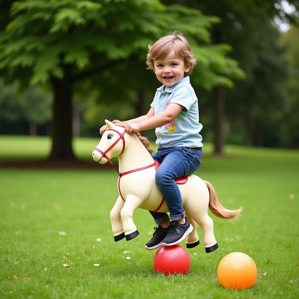 A child joyfully playing with a ball horse toy in a park setting.