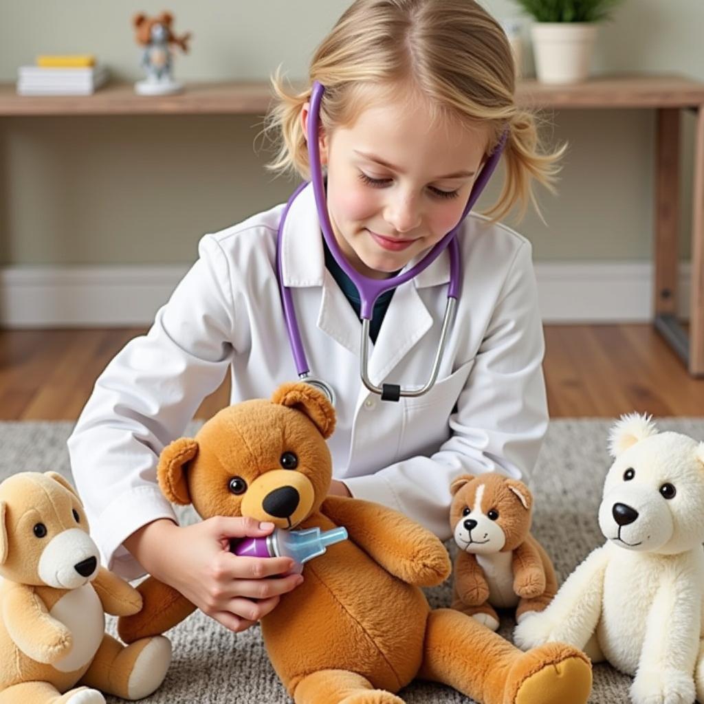 Child Playing Vet with Stuffed Animals