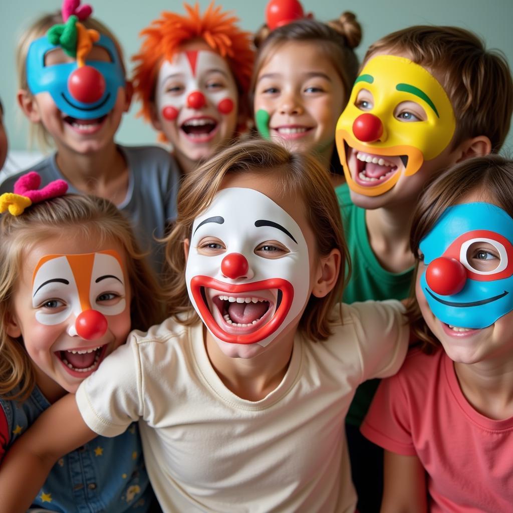 Children wearing brightly coloured clown masks