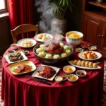 A lavishly set table with a variety of traditional Chinese dishes