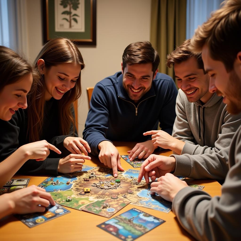 A group of friends gathered around a table, excitedly examining different Small World expansion packs, discussing which one to add to their game night.