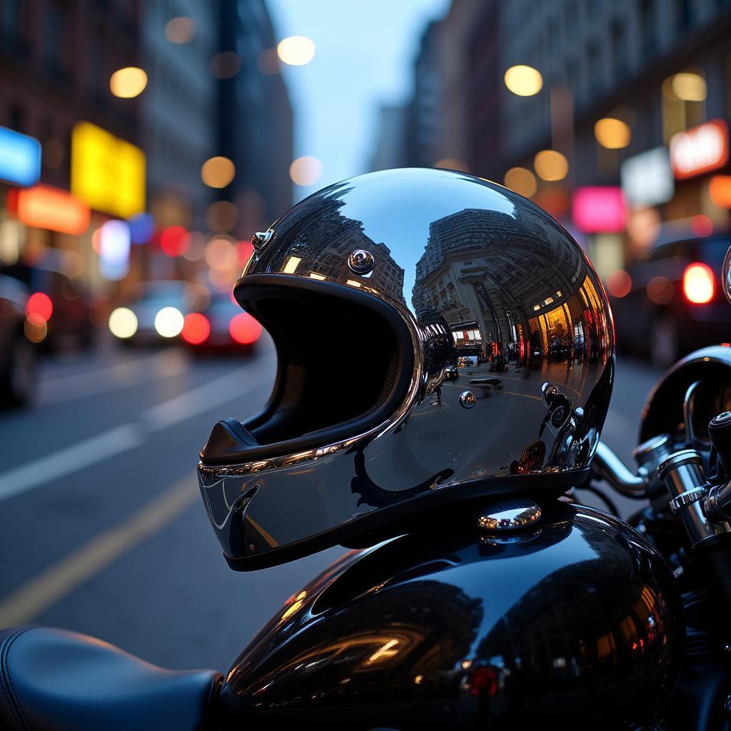 Chrome helmet reflecting cityscape lights