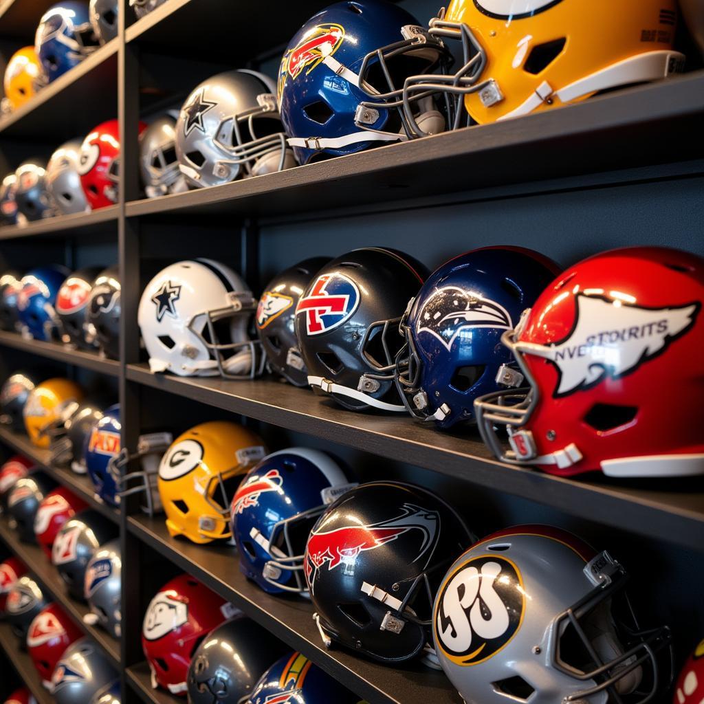 A stunning display of chrome NFL helmets arranged by team