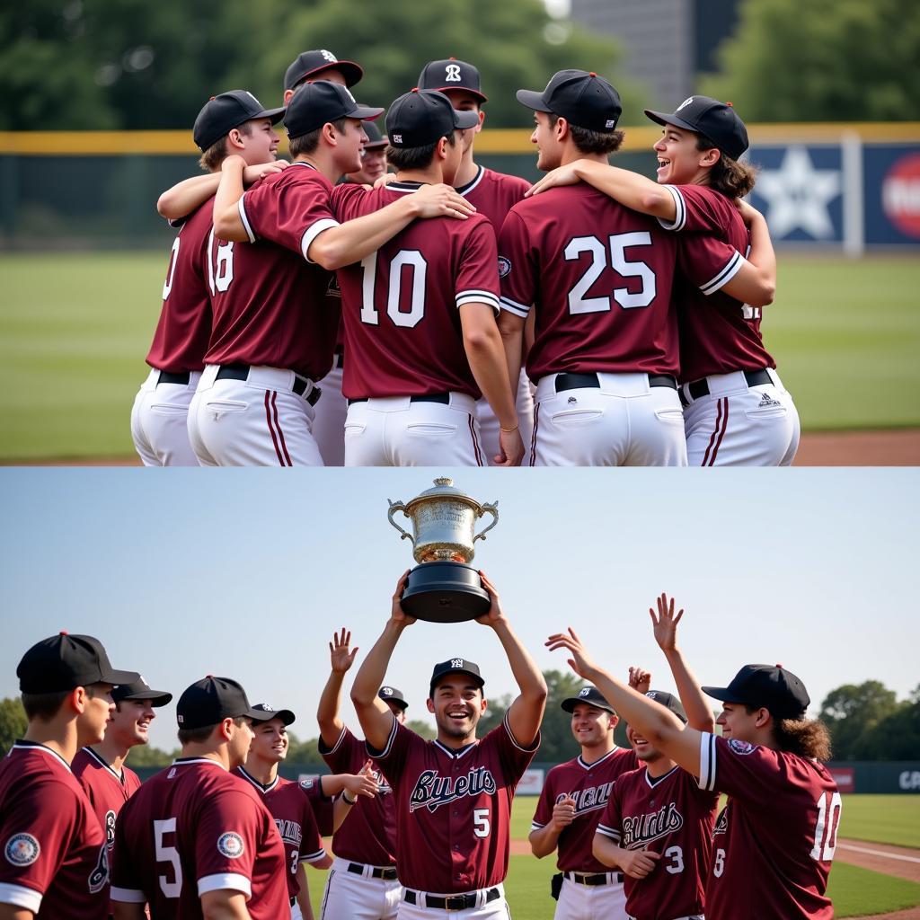 Classic Baseball Banner Poses: Team Huddle and Trophy Presentation