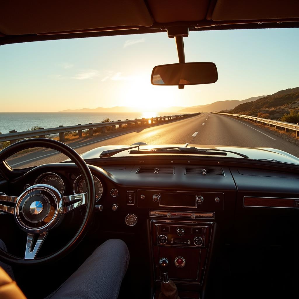 Classic car cruising down an open road