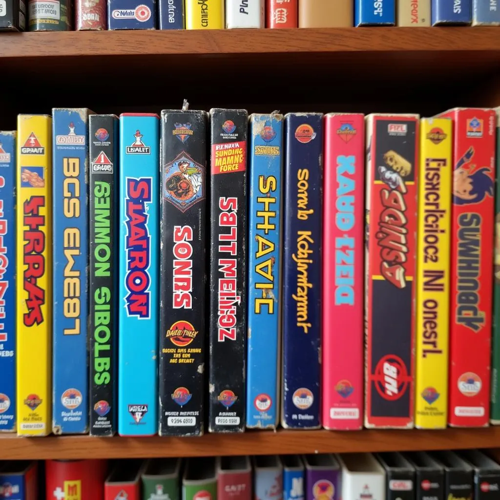 A variety of Game Gear games neatly arranged on a shelf, emphasizing their colorful labels and diverse genres