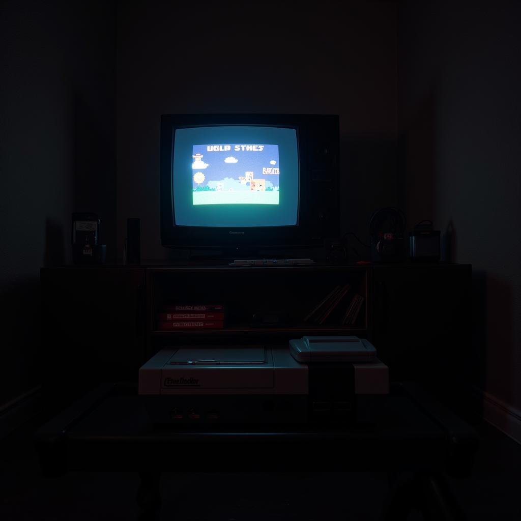 A classic gaming setup with a CRT television and game cartridges