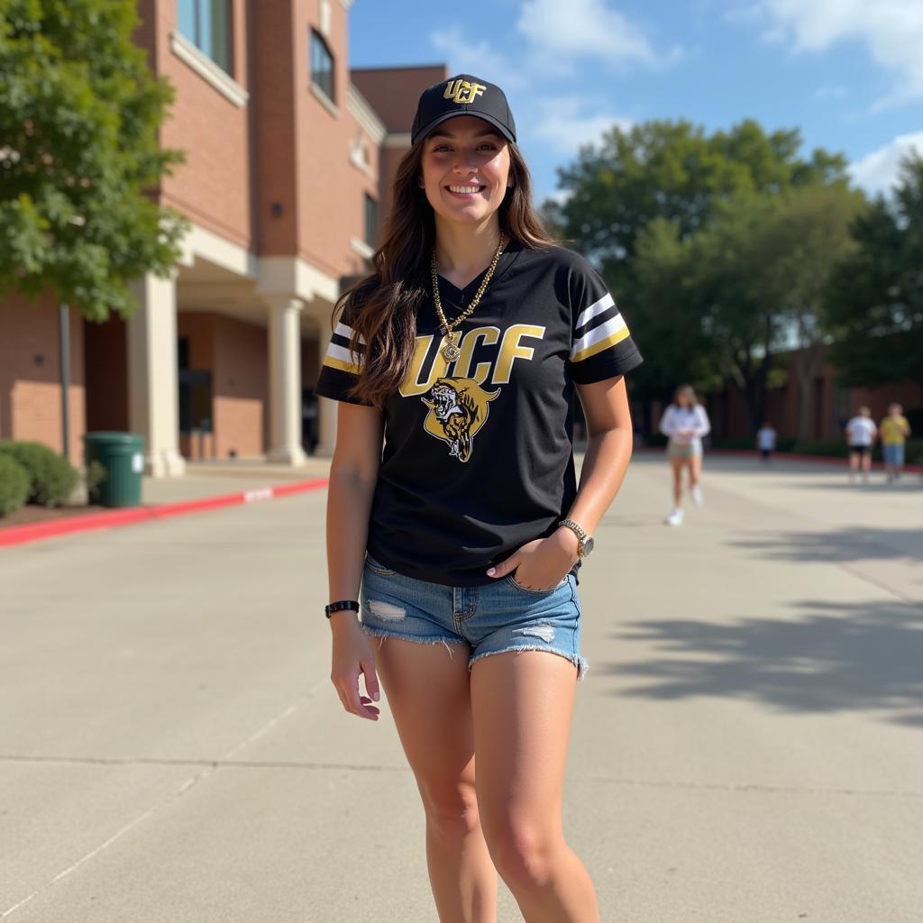 UCF fan wearing a classic black and gold jersey with denim shorts