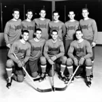 Black and white photo of the Clayton Comets hockey team in the 1950s