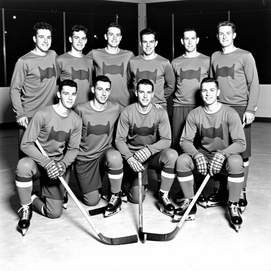 Black and white photo of the Clayton Comets hockey team in the 1950s