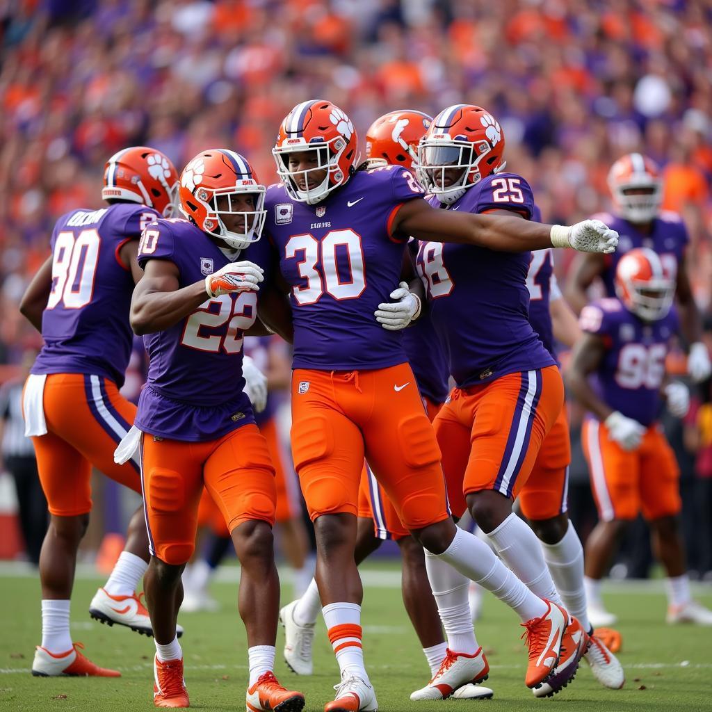 Clemson Players in Purple Jerseys Celebrating a Touchdown