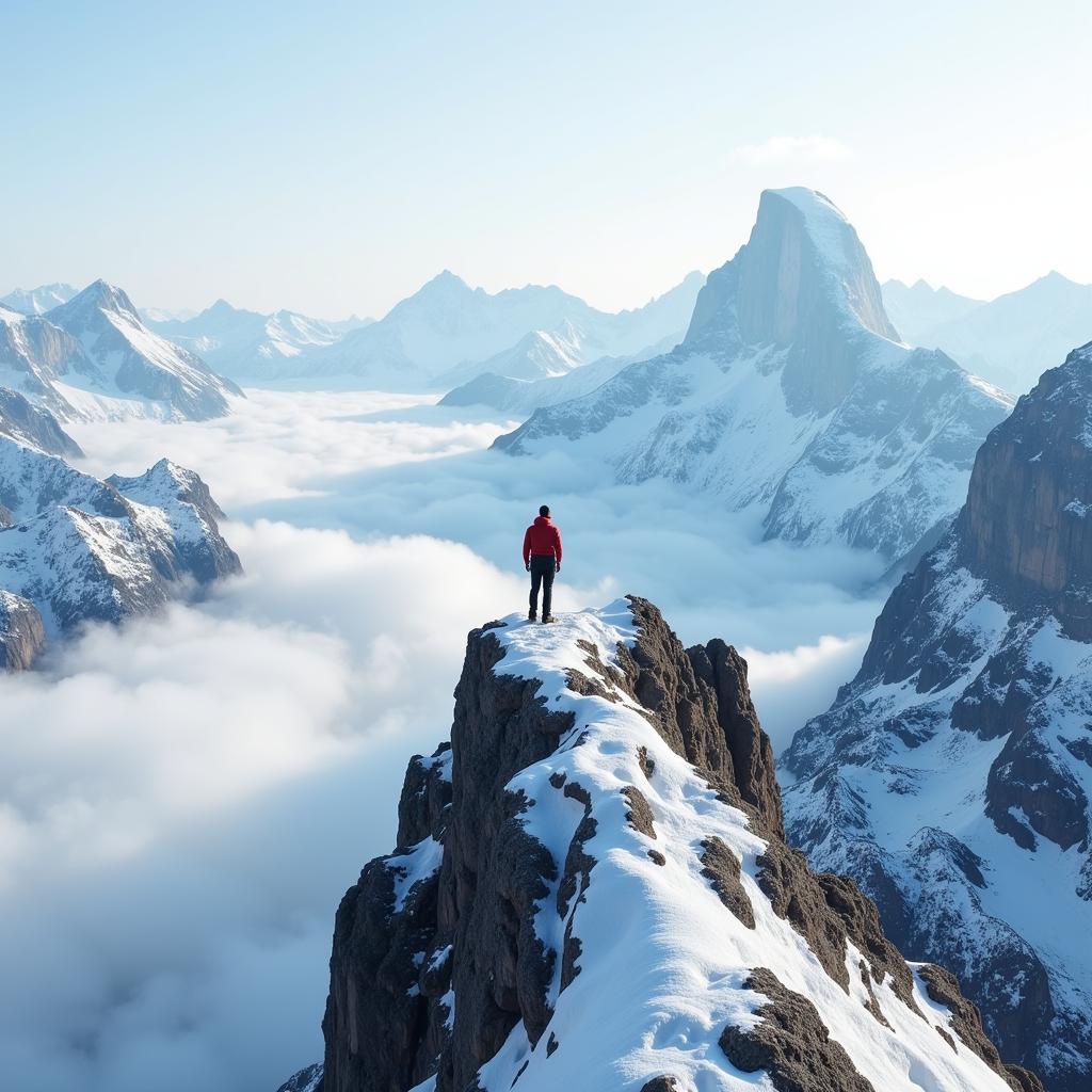 Climber Standing on a Narrow Mountain Ridge