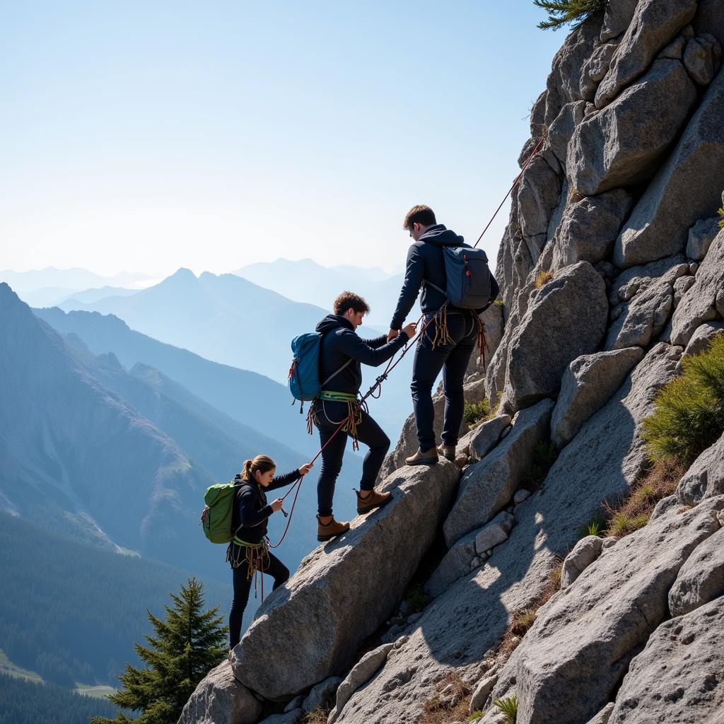 Climbers Assisting Each Other During Ascent