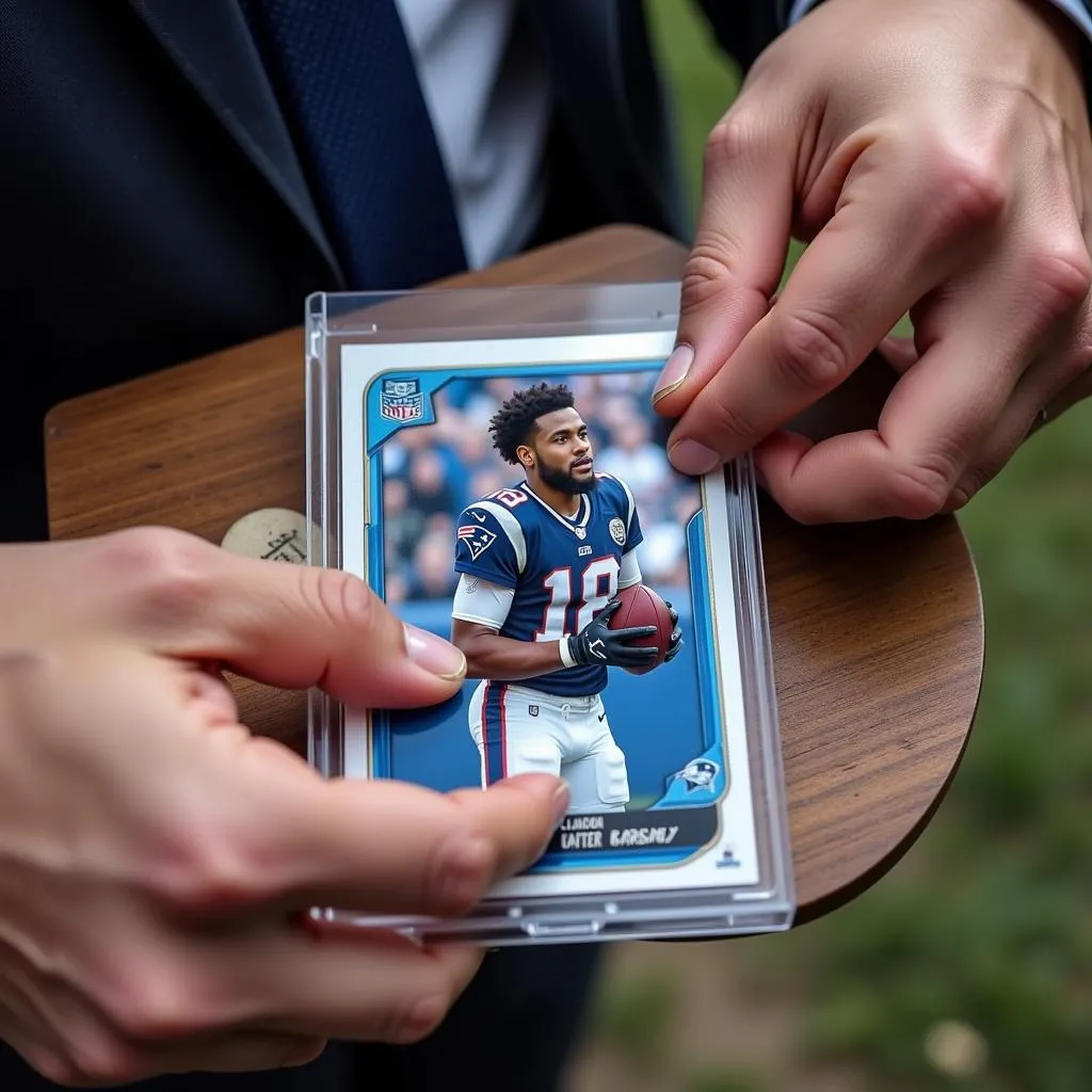 Close-up shot of a Jalen Ramsey card being examined under a light for grading purposes, emphasizing the importance of condition in card value.