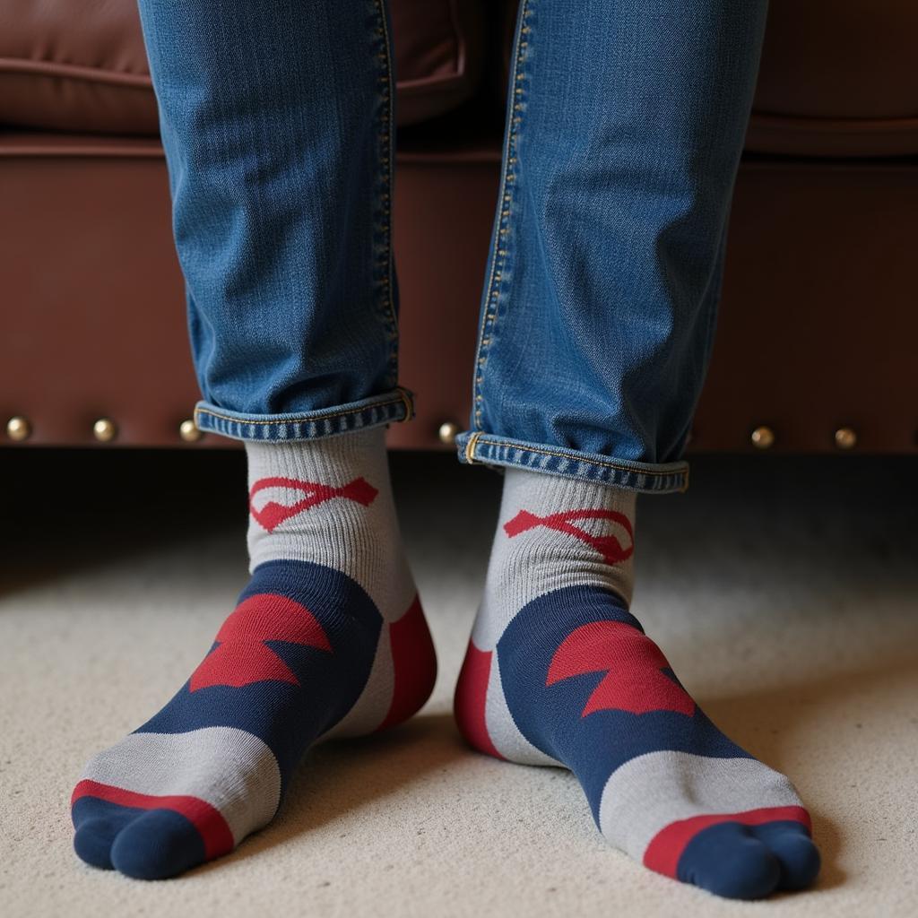 Close-up of Man Wearing Jeans and Socks with Unique Design