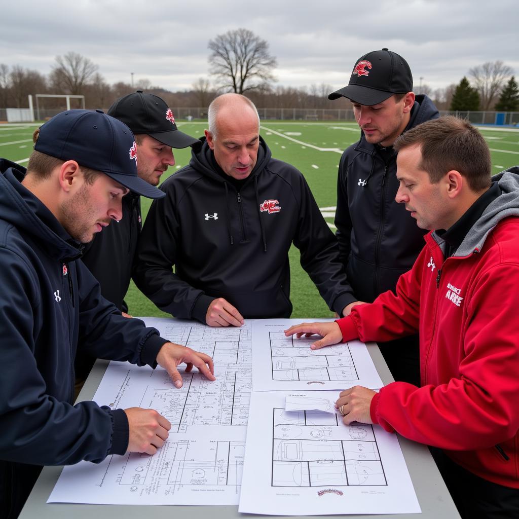 Coaches discussing six-man football defensive strategy