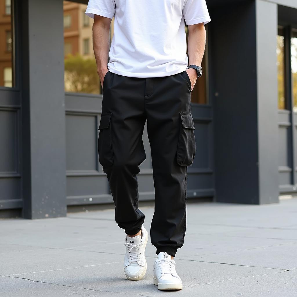 Man wearing black Cold Wall cargo pants with a white t-shirt and sneakers in a city setting