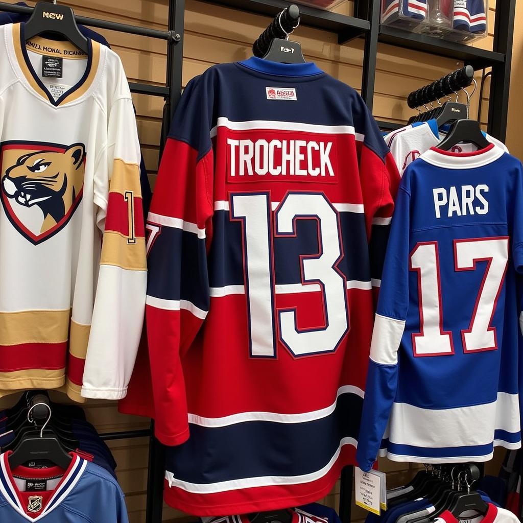 A display of Vincent Trocheck jerseys in various colors and styles.