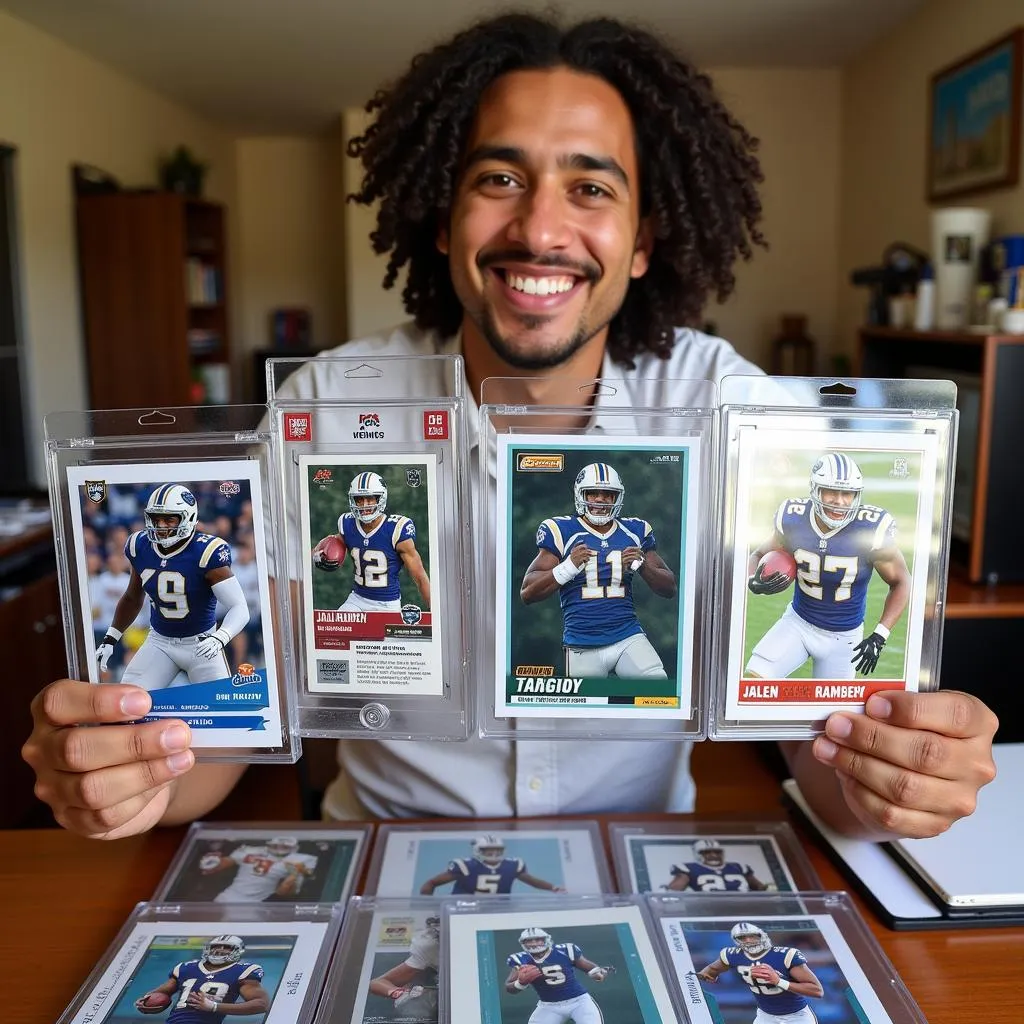 A collector admires their Jalen Ramsey card collection, emphasizing the joy and satisfaction of owning valuable cards.